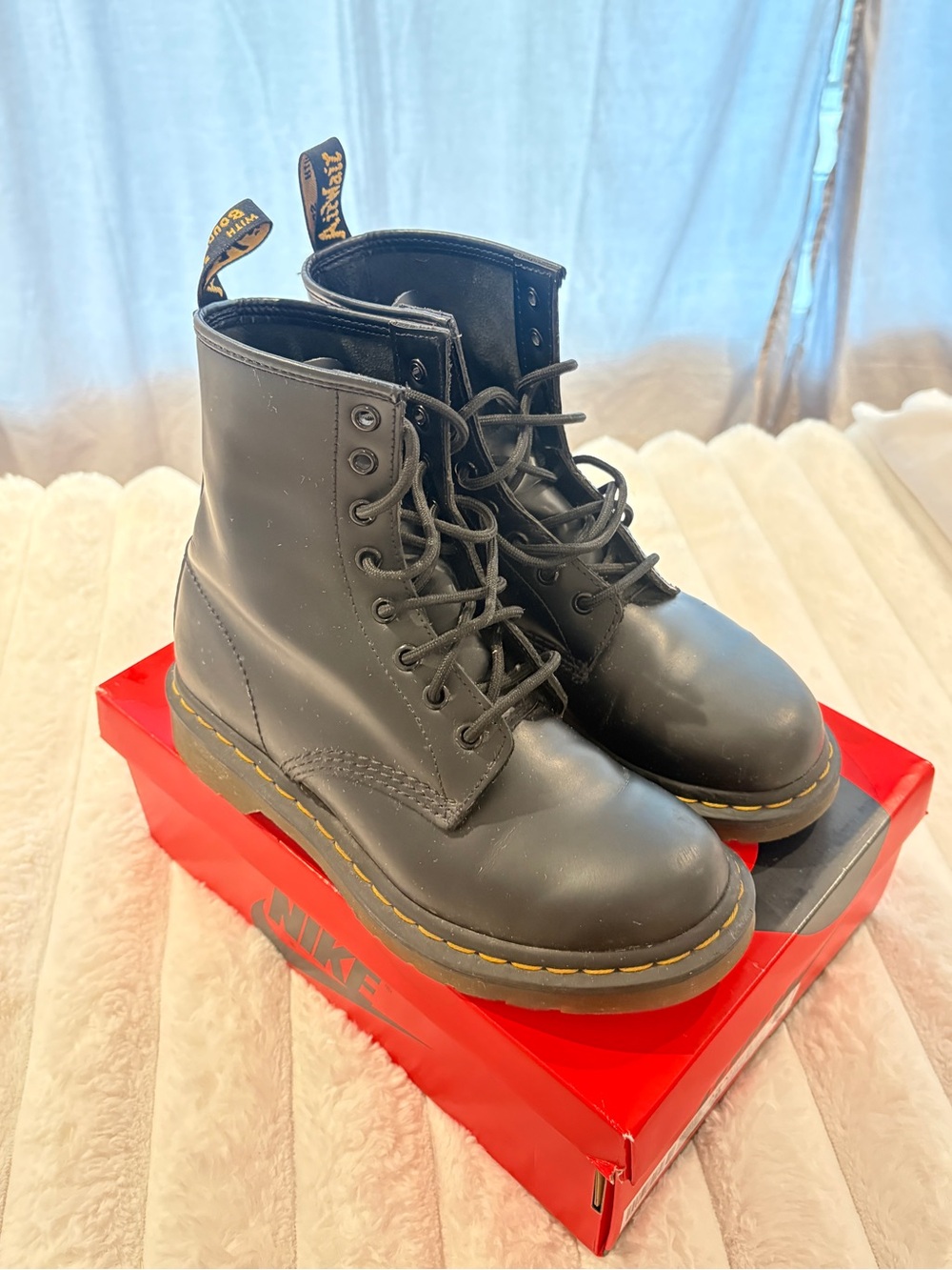 Dr. Martens Black Leather Lace-Up Combat Boots with Yellow Stitching